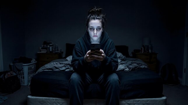Isolated glow from smartphone illuminating expressionless face in pitch dark room, modern digital dependency concept