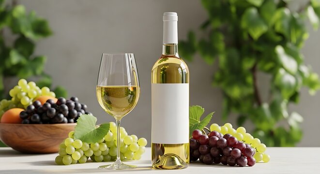 White wine bottle with blank label and glass of wine standing on a table surrounded by fresh red and green grapes against a sunny garden backdrop