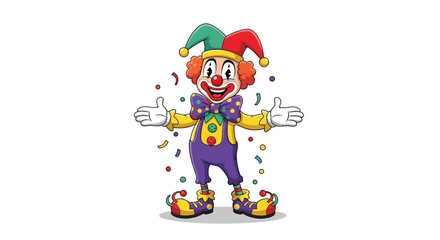 A colorful cartoon jester character with a joyful expression stands with arms outstretched in a celebratory pose, surrounded by confetti on a white background © NanzZ