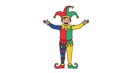 A colorful jester character with a playful expression stands with arms outstretched in a fun, cartoon-style illustration for April Fools Day or kids content © NanzZ