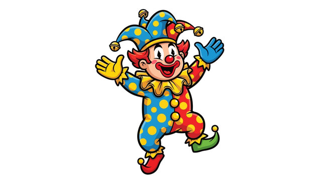A colorful cartoon clown jester mascot with a joyful expression, wearing a blue and yellow polka-dot costume, enthusiastically gesturing with raised hands in a playful prankster pose