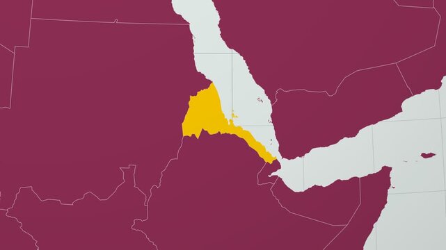 Eritrea map. Animated zoom into the country on the Globe in Pale Mint Dark Pink color palette. Country logo animation with round text and airplanes. Map with meridians, parallels. Authentic video.