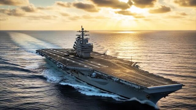 Aircraft Carrier in Motion: An imposing aircraft carrier cuts through the open sea, its flight deck vast and ready, sailing towards the golden horizon in the tranquil embrace of the sun.
