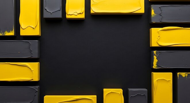 Yellow and black thick paint strokes on a dark surface forming a rectangular frame border with heavy texture for creative industrial design background