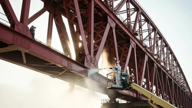An industrial worker pressure washes the iconic red forth bridge from a cherry picker, captured in a low-angle shot with sunlight.