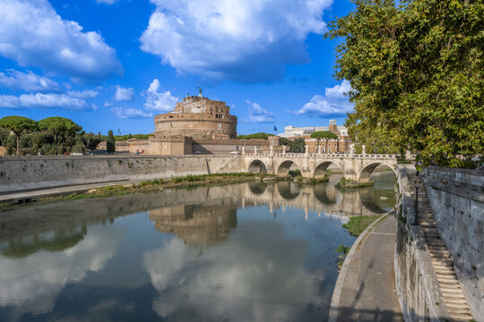 City of Rome, St. Angelo Bridge over the Tiber River, with Castel San Angelo, Italy