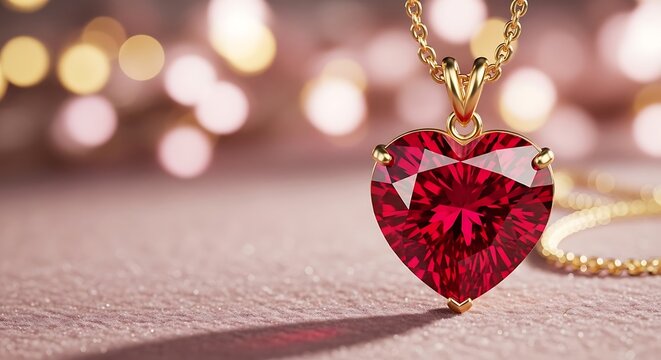 Red heart ruby gold necklace pendant resting on a textured surface with soft bokeh light circles for romantic jewelry gift and luxury fashion