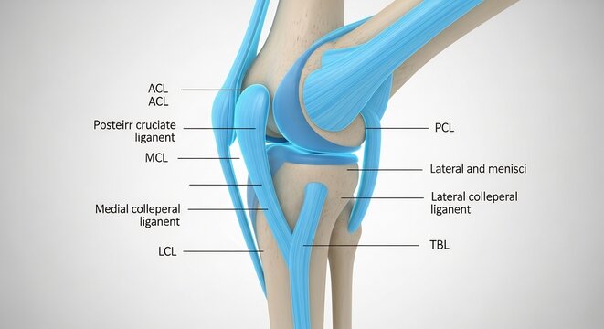 Detailed 3D Illustration of Human Knee Anatomy with Ligaments Labeled.