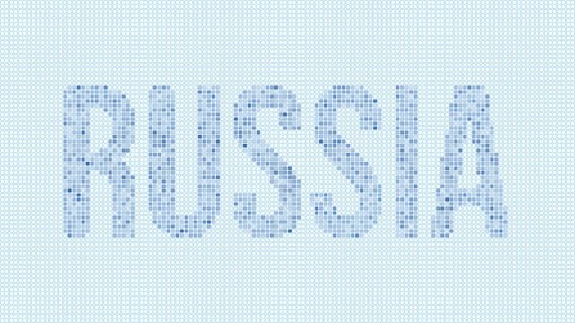 Russia dotted map animation. Digital style shape of the country. Russia shape and title dots appear with bulb flickering effect. Intro, outro, logo, title video.