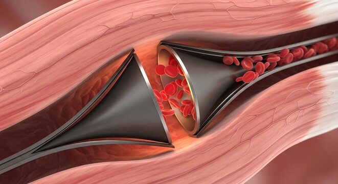 Close-up 3D illustration of a blocked artery with red blood cells flowing through a narrowed passage.