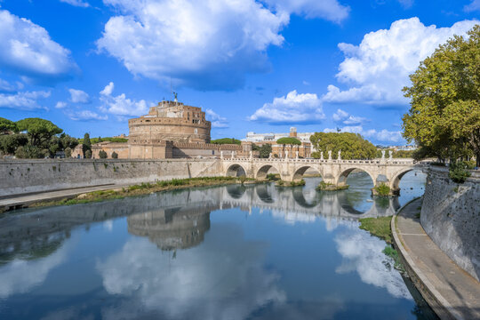 City of Rome, St. Angelo Bridge over the Tiber River, with Castel San Angelo, Italy
