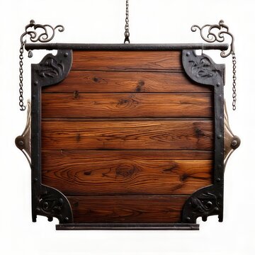 Rustic wooden sign, ornate iron frame, hanging chains