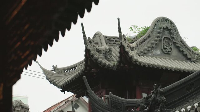 Ornate temple roof detail, curved eaves and grey tiles revealing carved dragon motifs, mossed ridge and weathered ceramic, moody overcast sky, close architectural survey angle suggesting conservator