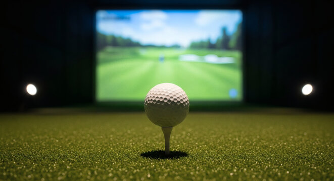 A crisp white dimpled golf ball sits perfectly poised atop a slender white tee ready for impact on artificial turf facing a simulator screen.