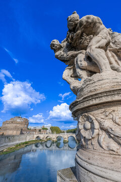 City of Rome, St. Angelo Bridge over the Tiber River, with Castel San Angelo, Italy