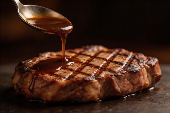 Grilled steak with sauce being poured