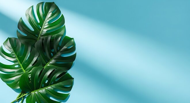 Monstera leaves on blue background with window blind shadows for summer tropical design backdrop and minimalist home decor with copy space