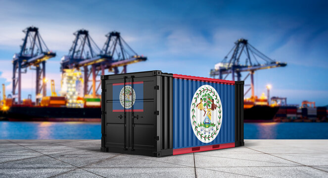Belize Flag on Container: A shipping container proudly displays the Belize flag, symbolizing international trade and the vibrant spirit of the country. Standing against a backdrop of harbor.