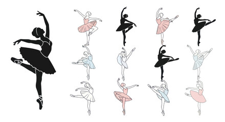 Ballet dancer silhouettes in various elegant poses, black and pastel colors © Apel
