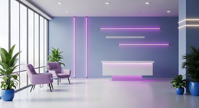 Modern office reception lobby with pink neon lights and white desk featuring purple armchairs and green potted plants in a futuristic interior space