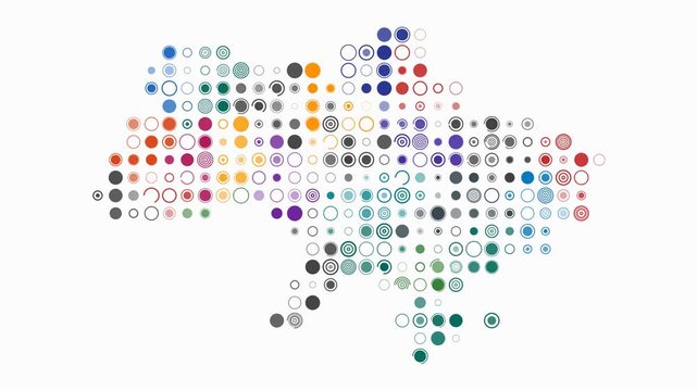 Ukraine animated country shape. Pulsating colored dots on the map of the country. Large size circle blocks. Digital style Ukraine map on white background. Creative animation video.
