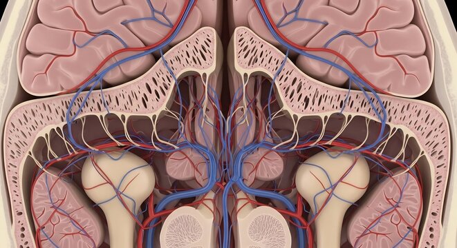 Detailed Anatomical Illustration of the Human Brain and Blood Vessels.