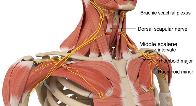 Detailed Anatomical Illustration of the Brachial Plexus and Shoulder Muscles.