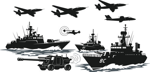 Military naval fleet silhouettes with warships fighter jets radar missile defense system modern army navy air force collection © Md