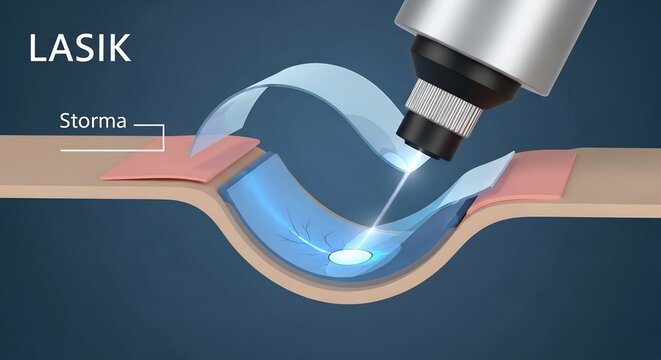 Detailed Illustration of LASIK Eye Surgery Procedure Showing Laser Reshaping Cornea.
