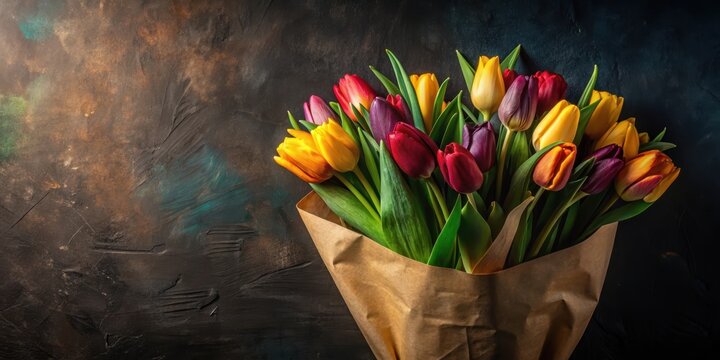 A vibrant bouquet of spring tulips, wrapped in rustic paper, rests on a dark textured surface, creating a stunning visual display of color and texture.