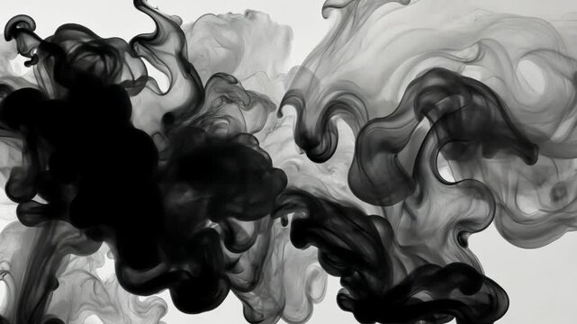 Flowing black ink creates abstract forms against a white backdrop, like a cloudy nebula