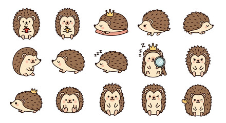 Collection of cute hedgehogs in various adorable poses and actions. © Doni