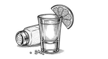 Tequila shot glass with salt shaker and lime slice, sketch style © Arif