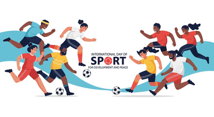 Fototapeta premium Illustration of diverse people playing sports on a blue wave background for International Day of Sport for Development and Peace.