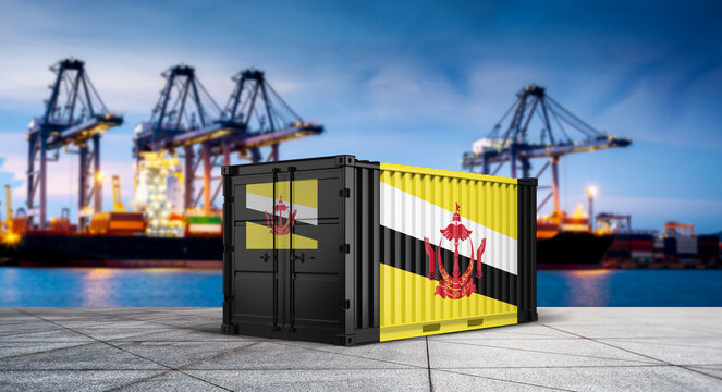 Brunei's International Trade: A cargo container emblazoned with the flag of Brunei sits poised against the backdrop of a bustling port.