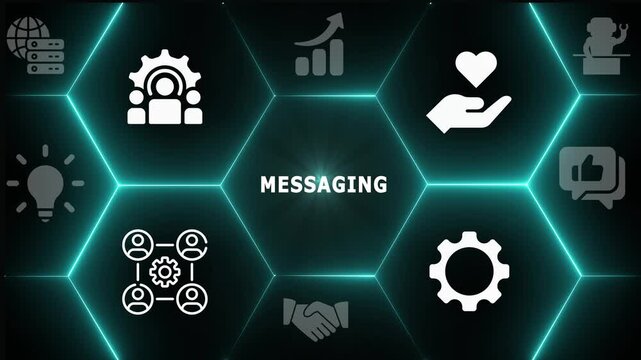 Advanced messaging technology interface with cloud and networking icons for secure corporate communications.