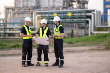 Fototapeta premium Engineers discussing blueprint and progress at industrial facility