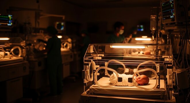 Newborn baby in incubator at hospital