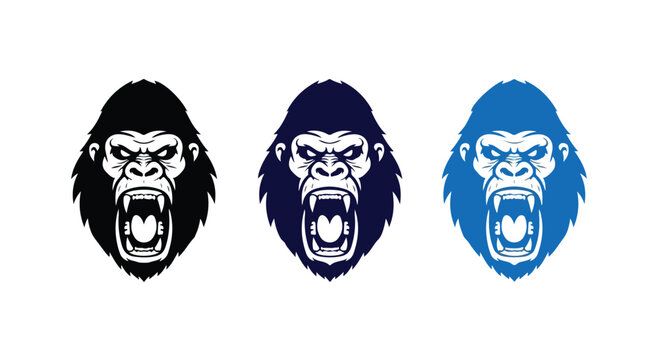 Three stylized monkey head illustrations with fierce expressions in black, purple, and blue colors on a white background
