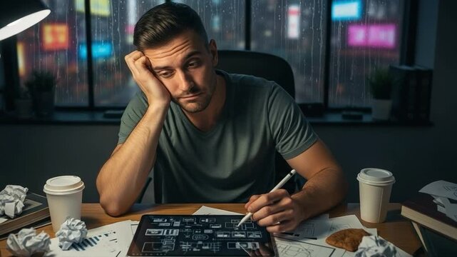 Exhausted Caucasian Male Designer Working Late on Tablet in Rainy Night Office