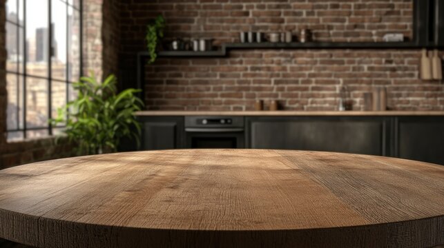 Rustic industrial kitchen, wooden table top.  City view through large windows.  Dark cabinets, brick wall.  Empty kitchen counter.  Natural light