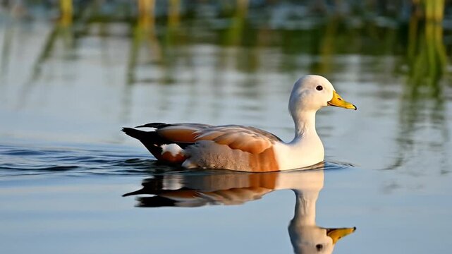 A serene indian runner duck swims peacefully across calm waters with lush greenery in the background.
