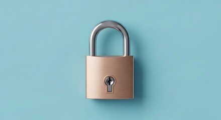 Fototapeta premium Rose gold padlock with silver shackle on light blue background for security privacy data protection safety and online encryption concept design