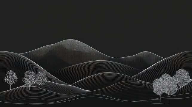 Abstract landscape, dark mountains and trees