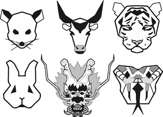 Fototapeta premium Modern Low Poly Animal Head Design Set Showing Geometric Polygon Faces of Wild Animals in Vector Line Art Style