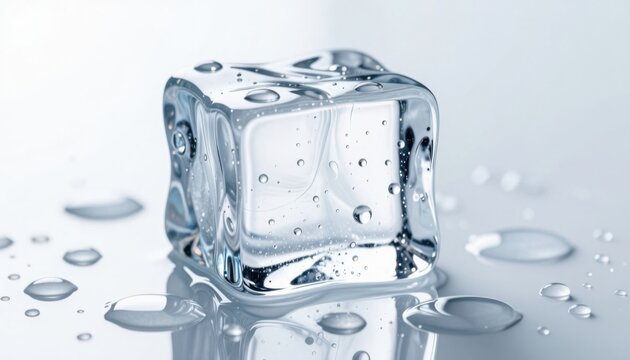 3d rendering of melting ice cube with water droplets on reflective surface in cool blue lighting