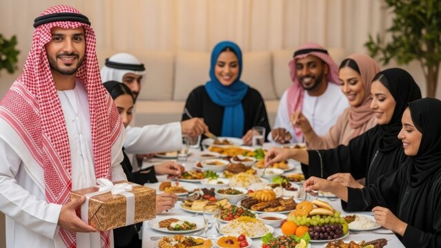 A group of people sitting around a table with food illustration