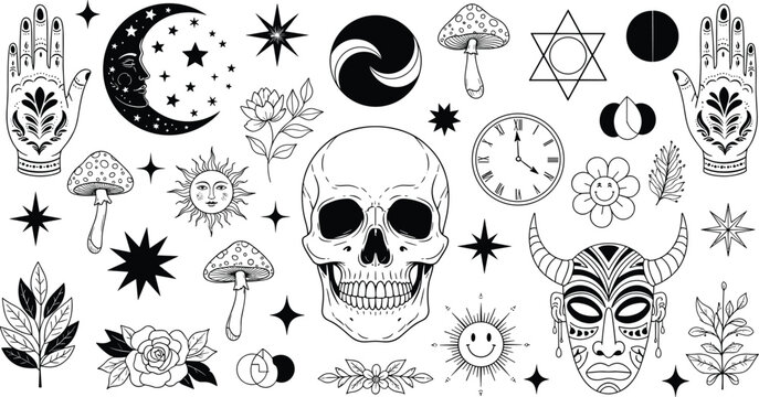 Mystical occult vector set featuring skull moons celestial stars hamsa hands mushrooms and floral elements in a vintage black and white linework style