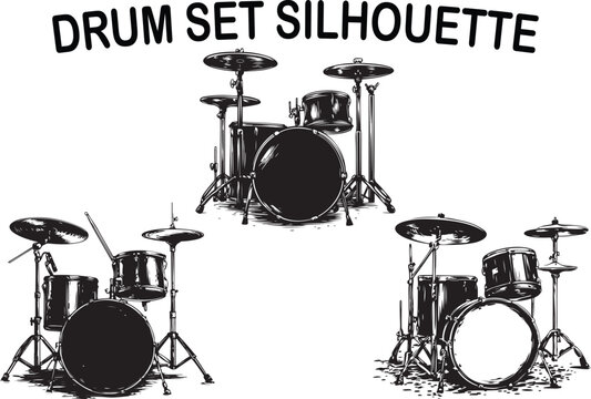 Vintage drum set silhouette engraving style percussion instrument retro music vector