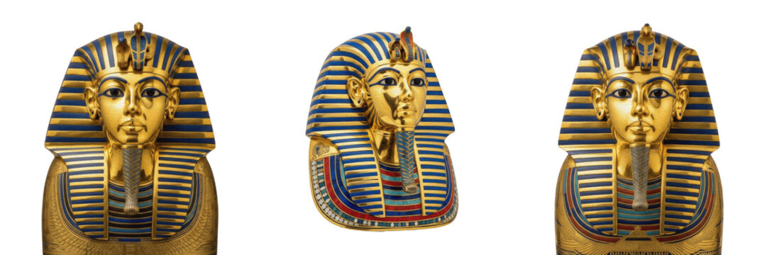 Golden Ancient Egyptian Sarcophagus Set Isolated on White Background - Pharaoh Tutankhamun King Mummy Coffins